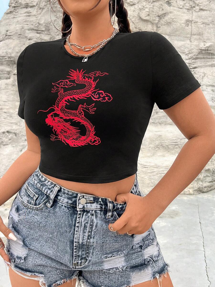 SHEIN Coolane Kích thước lớn Rồng Trung Quốc In Top Cây trồng Áo thun - màu đen - Xem 1