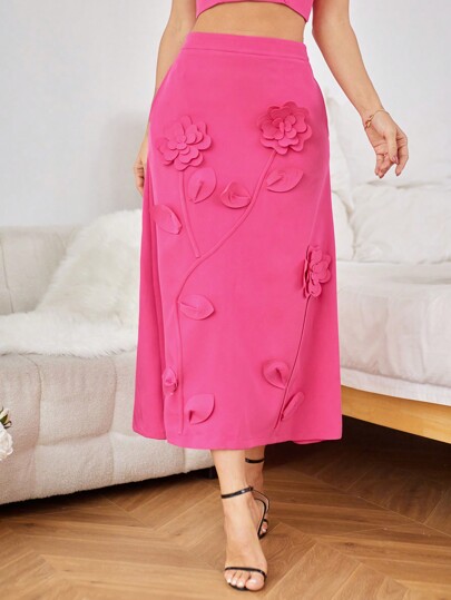 Revavyn Women Elegant Solid 3d Flower Decorated Skirt Fall Cloth For Women