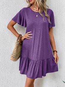 SHEIN LUNE Women's Casual Ruffle Hem Dress,Lavender Dress