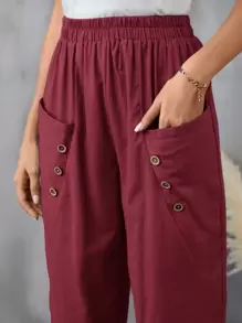 SHEIN LUNE 純色女裝褲子,附有鈕扣設計和雙口袋 - 酒紅色 - 查看 5