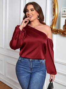 SHEIN Privé Plus Size Women's Asymmetrical Collar Lantern Sleeve Shirt - Red - View 3