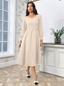 SHEIN Privé Ladies' Casual Solid Color Dress With Sweetheart Neckline - Apricot - View 3