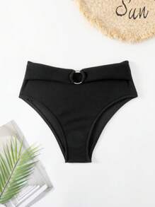 SHEIN Swim 女士純色圓環比基尼下身,嘉年華會 - 黑色 - 查看 7