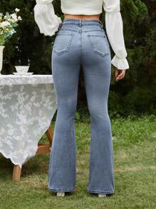 SHEIN PETITE Women's Solid Color Slant Pocket Flared Jeans - Dusty Blue - View 2