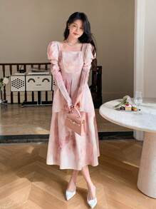 DAZY Ink-Washed A-Line Dress With Cinched Waist And Flared Sleeves Floral,Ruffle,Fall Dress