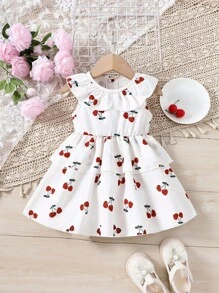 Baby Girls' Cherry Pattern Peter Pan Collar Dress With Ruffle Hem - Apricot - View 1