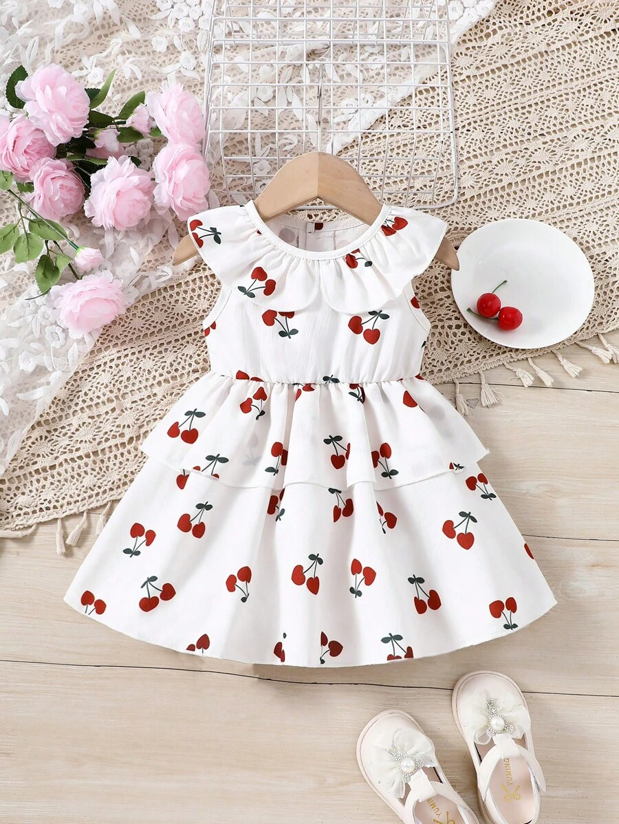 Baby Girls' Cherry Pattern Peter Pan Collar Dress With Ruffle Hem - Apricot - View 1