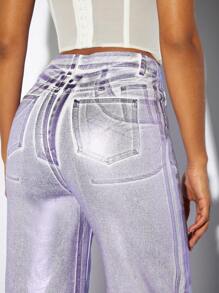 SHEIN BAE 金属色直筒高腰阔腿女式牛仔裤和夜店女装 - 紫色 - 查看 2