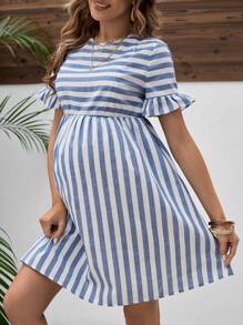 SHEIN Maternity Striped Dress With Flare Sleeves And Nursing Function - Baby Blue - View 5