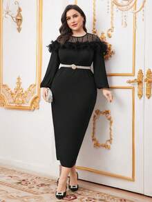 Modelyn Vestido De Manga Larga Con Cuello Redondo Y Encaje Para Mujeres Con Figura Ajustada Tallas Grandes - Negro - Ver 8