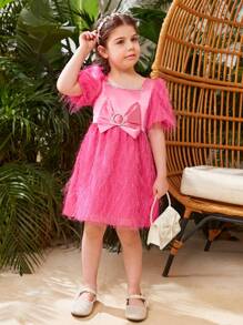 SHEIN Young Girl Big Bow Decor Short Puff Sleeve Dress - Multicolor - View 5