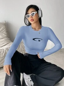 SHEIN Unity Moon And Star Print Cropped T-Shirt - Blue - View 5