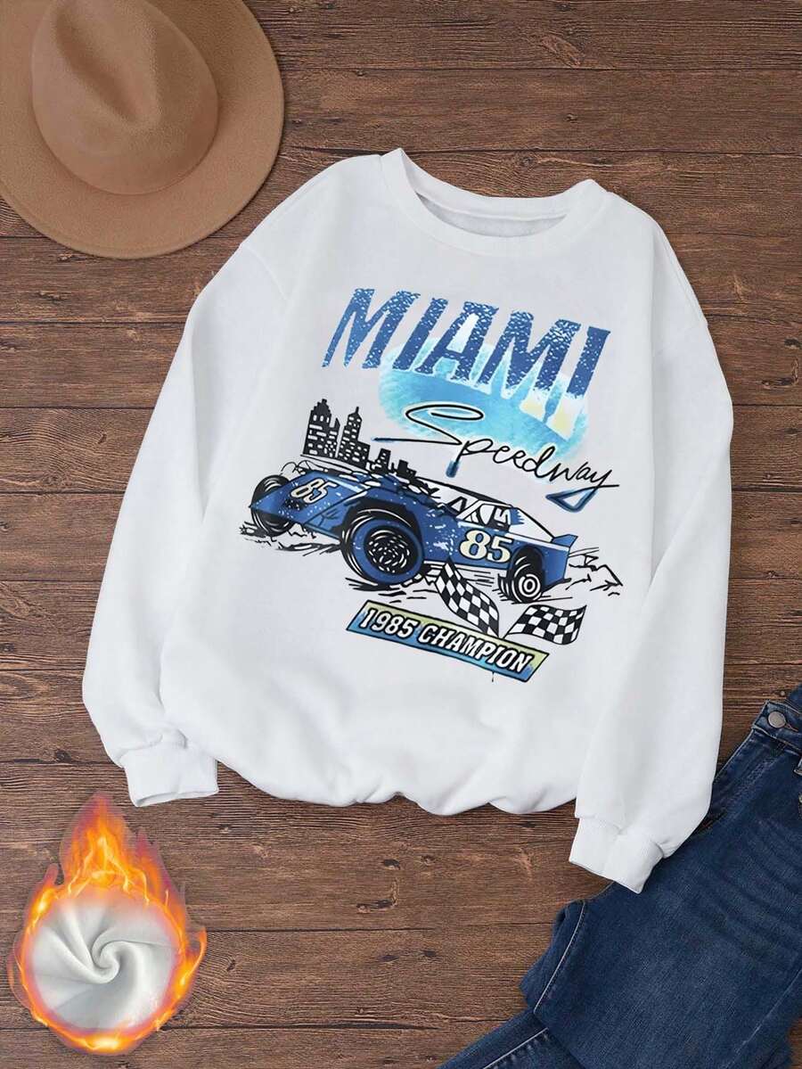 SHEIN LUNE Plus Size Thermal Lined Car & Letter Printed Sweatshirt - White - View 1