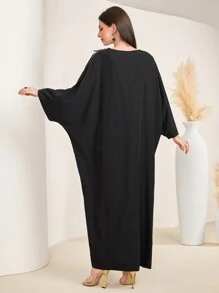 Al Najma Women's Geometric Pattern Loose Turkish Tunic With Fringed Hem Kaftan Jalabiya Dress - Black - View 2