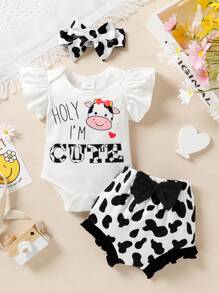 3pcs/Set Lovely Baby Girls' Letter & Cartoon Cow Pattern Printed Flounce Sleeve Jumpsuit And Front Bowknot Cow Pattern Printed Sports Shorts With Headband - Multicolor - View 1