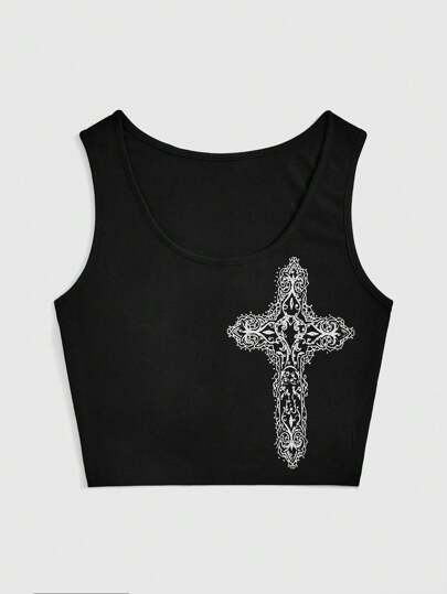 Goth Top De Tirantes Para Mujeres Con Estampado Teñido Anudado En La Parte Delantera Y Cruz Impresa