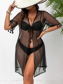 SHEIN LUNE Kích thước lớn Của phụ nữ Lưới Nối Sọc Tay áo Cổ tay áo Áo khoác - màu đen - Xem 7