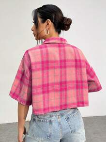 SHEIN EZwear 粉色格子紋編織垂墜肩襯衫 - 粉色 - 查看 2