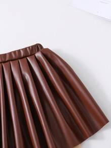 Falda De Piel De Pu Plisada Para Niñas Pequeñas - Marrón - Ver 4