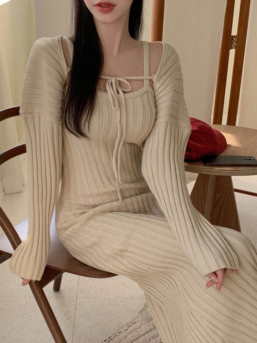 DAZY Của phụ nữ Màu thuần Dệt kim gân sọc Đầm Áo len - Màu be - Xem 1
