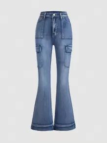 SHEIN Teen Girl Y2k Phong cách đường phố Túi dụng cụ có độ đàn hồi cao Quần jean ống loe màu xanh vừa thoải mái - Rửa trung bình - Xem 1