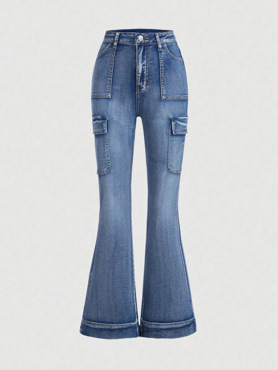 SHEIN Teen Girl Y2k Phong cách đường phố Túi dụng cụ có độ đàn hồi cao Quần jean ống loe màu xanh vừa thoải mái - Rửa trung bình - Xem 1