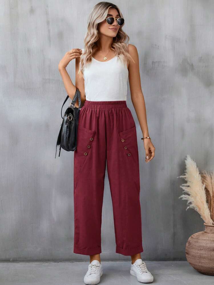 SHEIN LUNE Solid Color Women's Pants With Button Detail And Double Pockets - Burgundy - View 4