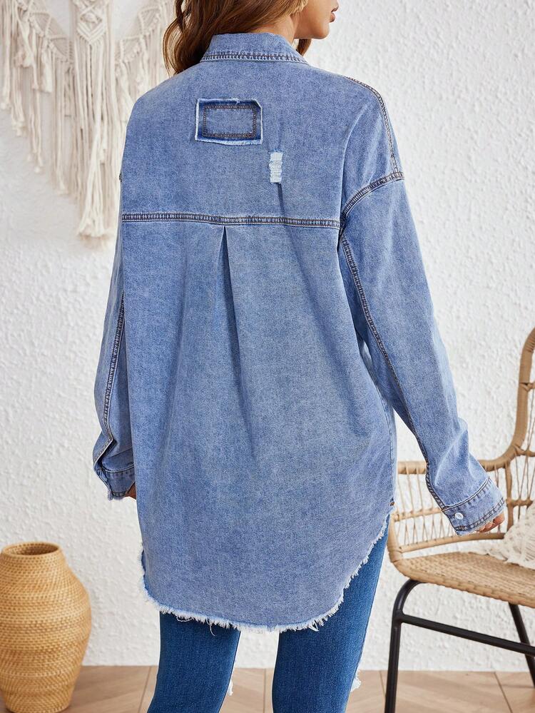 Women's Distressed Drop-Shoulder Long Sleeve Shirt