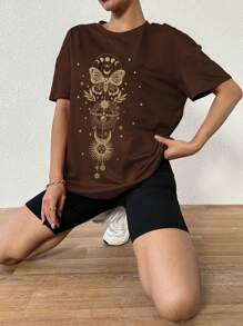 VaVaBold 蝴蝶&太陽印花超大尺寸寬鬆直落肩基本t恤 - 棕色 - 查看 3