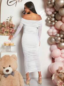 Loomaby 孕妇露肩褶皱紧身连衣裙，长袖，适合婴儿洗礼 - 白色 - 查看 2
