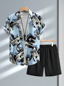 Manfinity Homme Plus Size Men'S Star Pattern Printed Short Sleeve Shirt And Shorts Set - Black - View 1