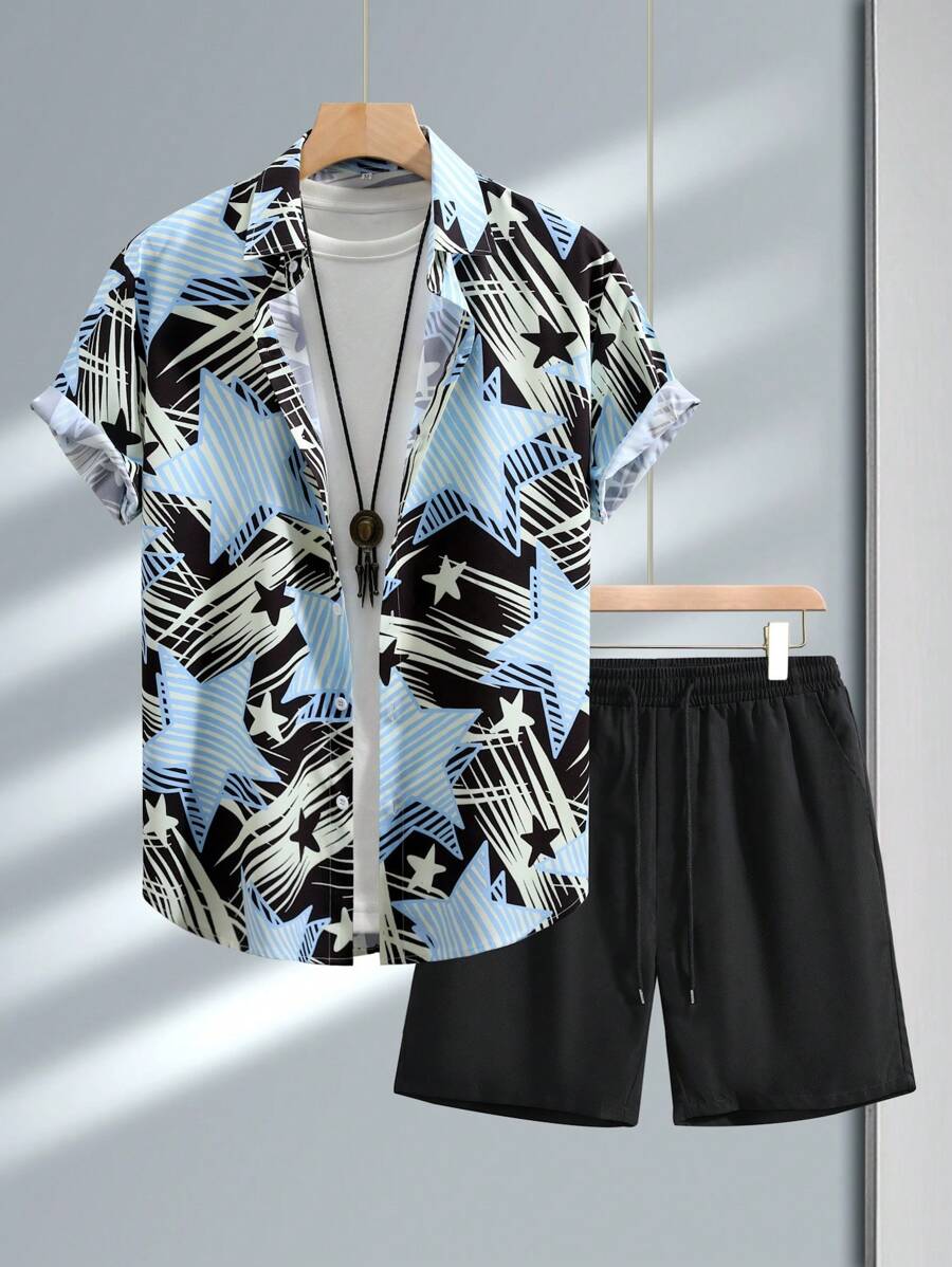 Manfinity Homme Plus Size Men'S Star Pattern Printed Short Sleeve Shirt And Shorts Set - Black - View 1