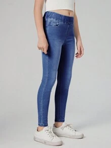 SHEIN Tween Girl Elastic Waist Jeans - Medium Wash - View 5