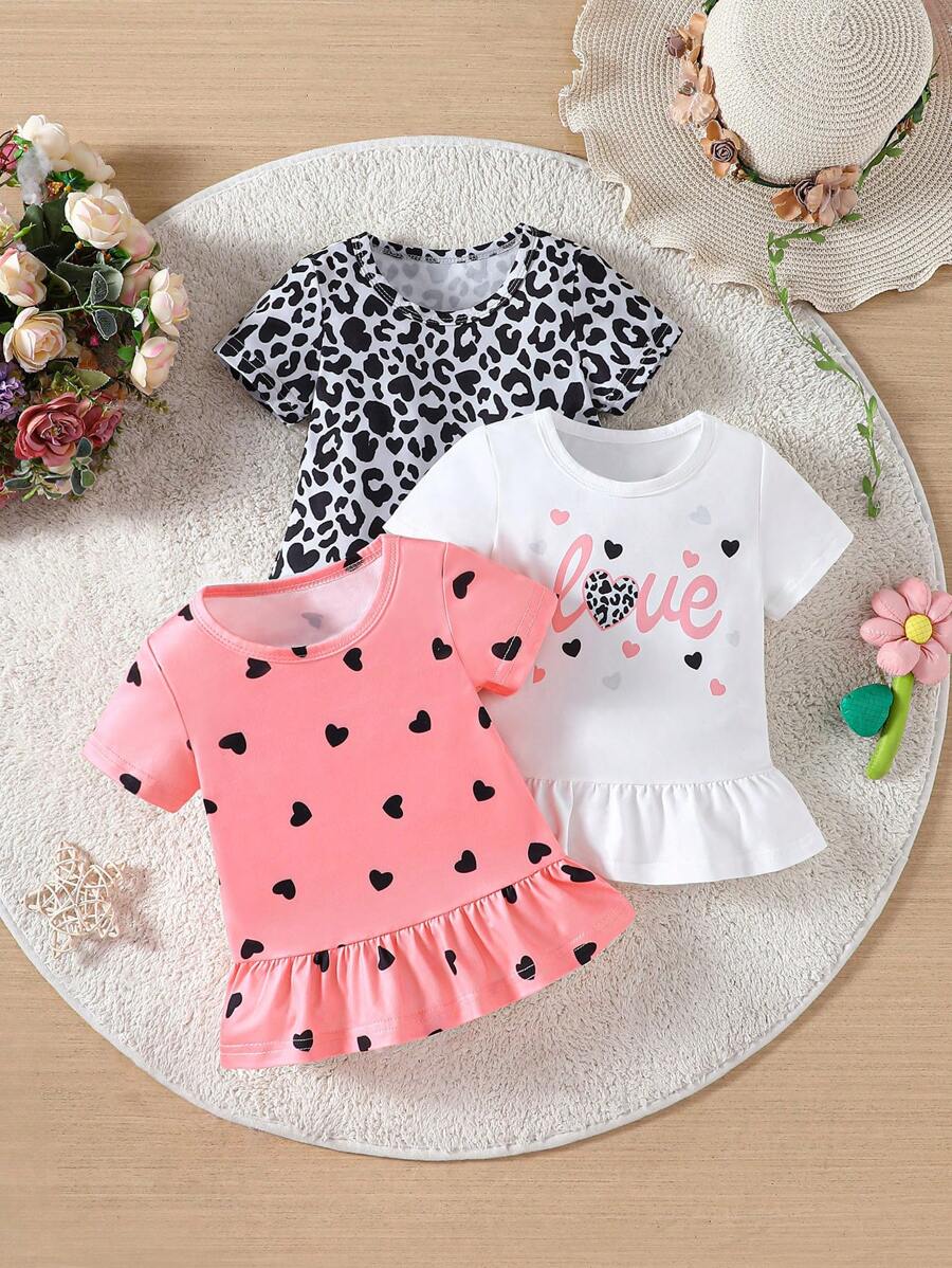 Baby Girl Leopard Print & Heart Pattern Round Neck Casual Short Sleeve T-Shirt 3pcs/Set For Summer - Multicolor - View 1