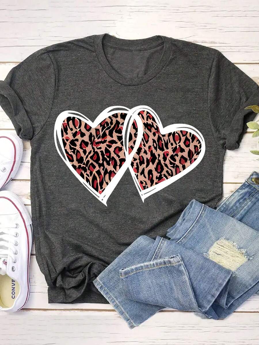 SHEIN LUNE Leopard Heart Printed T-Shirt - Dark Grey - View 1