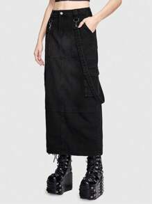 ROMWE Grunge Punk 女士可拆卸肩帶設計貨車牛仔裙 - 黑色 - 查看 1