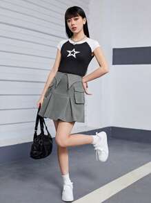 Teen Girls' Fold-Over Waist Utility Mini Skirt - Dark Grey - View 5