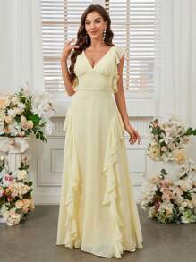 SHEIN Belle Thanh lịch lãng mạn màu vàng nhạt không tay Váy xòe cạp cao Sứa cạnh chắp vá Cổ chữ V Phục sinh lãng mạn có viền xếp nếp và thiết kế hở lưngVáy phù dâu - Màu vàng - Xem 7