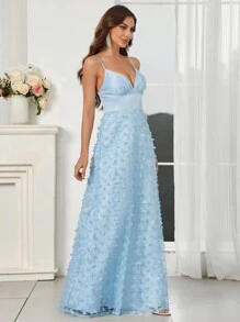 SHEIN Belle Elegant Romantic Sky Blue With Floral Butterfly Embellishments Spaghetti StrapsDeepVNeckline And Flowy A-Line Dress (Heavy Duty) Women's Evening Dress
