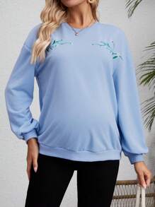 SHEIN Áo nỉ thêu hoa cho bà bầu dùng khi chơi thể thao, cho mùa đông - Màu xanh lam - Xem 4