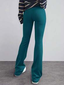 EURMUSE Solid Flare Leg Pants - Dark Green - View 2