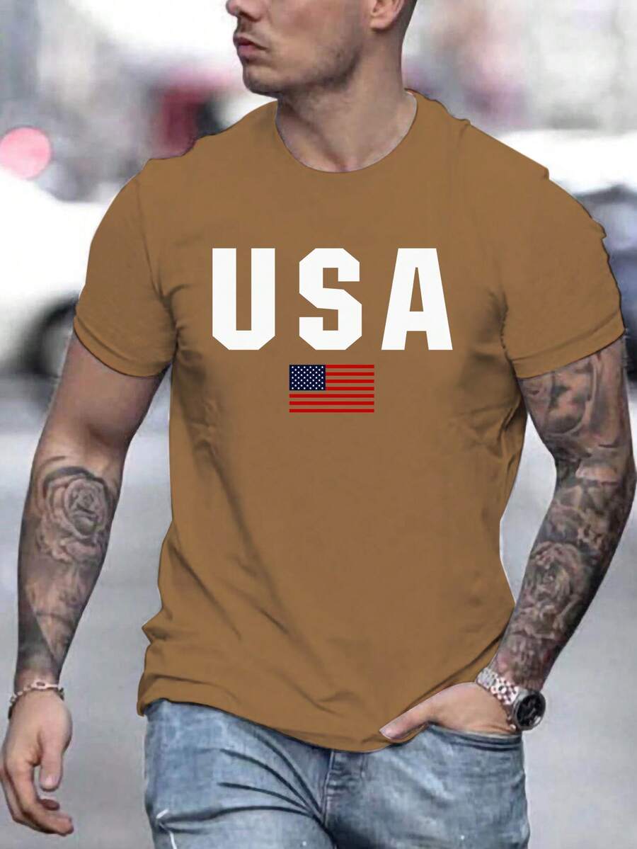 Manfinity 男士國旗印花短袖t恤 - 棕色 - 查看 1