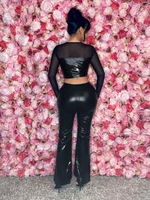 SHEIN SXY 3d花型迷你背心和褲套裝,金屬薄膜覆蓋網眼面料 - 黑色 - 查看 2