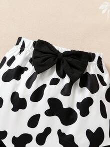 3pcs/Set Lovely Baby Girls' Letter & Cartoon Cow Pattern Printed Flounce Sleeve Jumpsuit And Front Bowknot Cow Pattern Printed Sports Shorts With Headband - Multicolor - View 5
