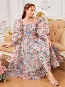 SHEIN 少女蕾絲花朵裝飾愛心領波浪邊長袖雪紡連衣裙