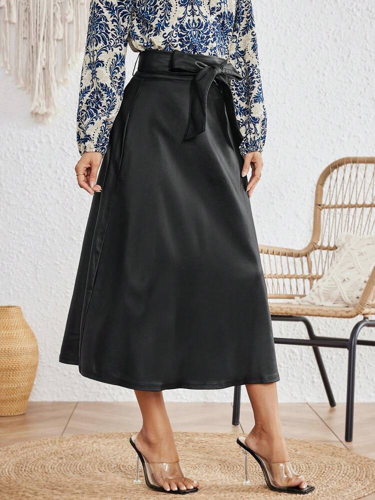 1pc Women's Solid Color Knotted Waist PU Leather Long Elegant Skirt Fall Cloth For Women