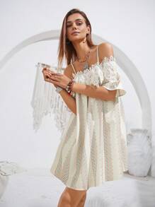 Chiquease Của phụ nữ Thêu Đính đá Rỗng Vai Sheath Đầm - Màu be - Xem 5