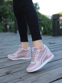 Fall/Winter Women's Solid Color Mesh Sneakers, Lace Up Patent Leather Decor Heightening Sporty Trainers, Versatile Breathable Comfy Shoes - Pink - View 7