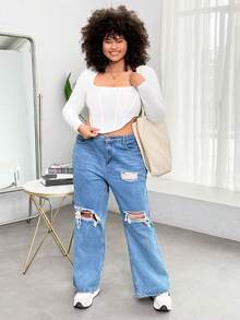 SHEIN EZwear Của phụ nữ Kích thước lớn Màu thuần Hình vuông Đường viền cổ áo Viền không đối xứng Áo thun - trắng - Xem 3