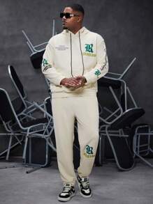 Manfinity Homme Ensemble De Survêtement Avec Capuche Et Cordon De Serrage Graphique À Lettres Pour Hommes De Grande Taille Et Coupe Ample